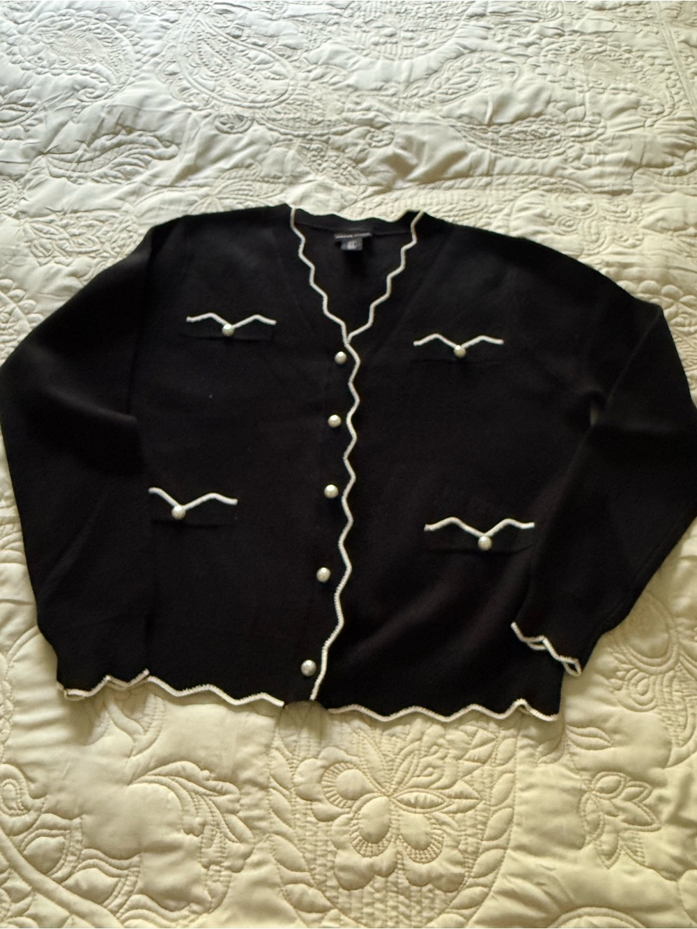 Adrienne Vittadini Black Cardigan Sweater with Cream Trim